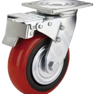 Heavy duty swivel castor wheel total brake lock red polyurethane PU tyre black rubber base zinc plated steel plate 100mm to 200mm industrial supplier Jodhpur