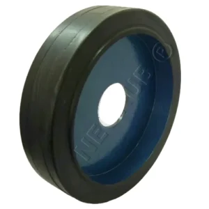 Neopur rubber bonded trolley wheel blue solid disc cast iron centre plain round bore ribbed centre groove tread 150mm to 400mm heavy duty industrial supplier Jodhpur