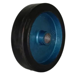 Rubber bonded trolley wheel blue solid disc cast iron centre round bore sealed bearing smooth black tread 150mm to 400mm industrial heavy duty supplier Jodhpur
