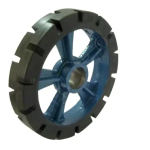 Rubber bonded trolley wheel blue spoked cast iron centre round bore segmented tread 200mm to 500mm heavy duty industrial material handling supplier Jodhpur