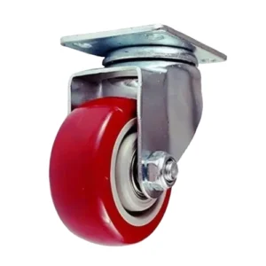 Swivel castor wheel red polyurethane PU tyre white nylon centre zinc plated steel plate mount ball bearing 75mm to 200mm industrial trolley supplier Jodhpur