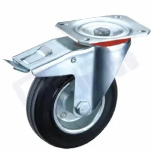 Swivel castor wheel with total brake lock black rubber tyre steel plate mount 75mm to 200mm industrial trolley warehouse supplier Jodhpur